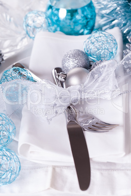 Stylish blue and silver Christmas table setting