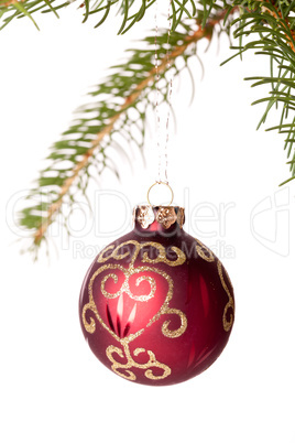 Christmas ball hanging from a branch of a fir tree