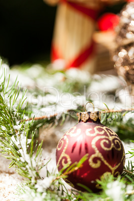 Christmas background with baubles and craft