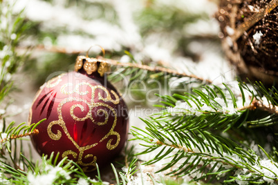 Christmas background with baubles and craft