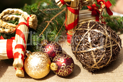 Christmas background with baubles and craft