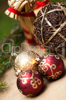 Christmas background with baubles and craft