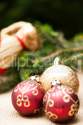 Christmas background with baubles and craft