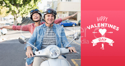 Composite image of happy mature couple riding a scooter in the c