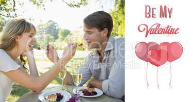 Composite image of cute couple feeding each other dessert