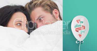 Composite image of couple under the duvet looking at each other