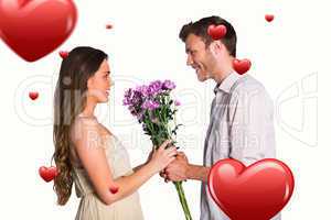 Composite image of side view of couple holding flowers