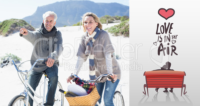 Composite image of carefree couple going on a bike ride and picn