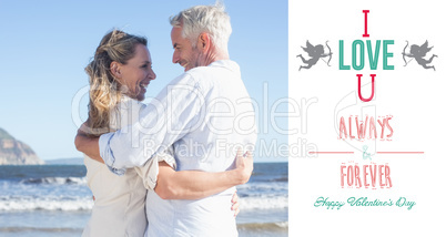 Composite image of happy couple on the beach smiling at each oth