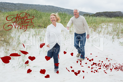 Composite image of cheerful senior couple running at beach