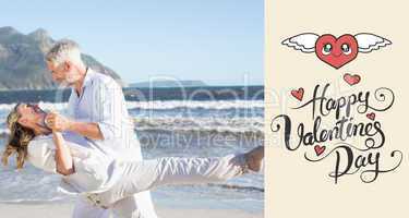 Composite image of happy couple dancing on the beach together