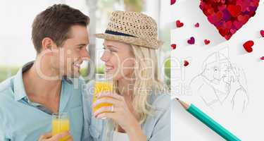 Composite image of hip young couple drinking orange juice togeth
