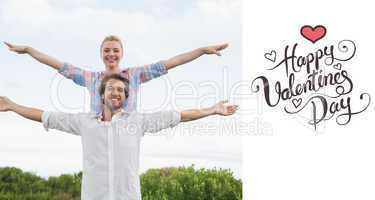 Composite image of cute couple standing outside with arms outstr