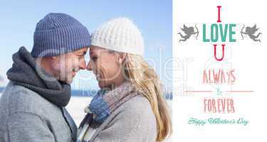 Composite image of attractive couple smiling at each other on th