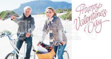 Composite image of carefree couple going on a bike ride and picn
