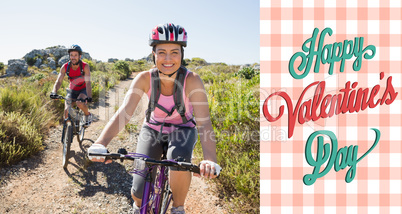 Composite image of active couple on a bike ride in the countrysi