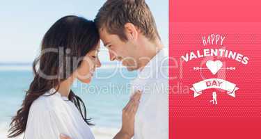 Composite image of romantic couple relaxing and embracing on the