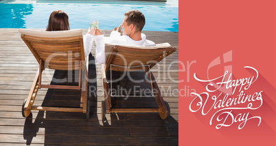 Composite image of couple toasting champagne by swimming pool