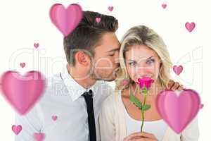 Composite image of handsome man kissing girlfriend on cheek hold