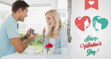 Composite image of man proposing marriage to his shocked blonde