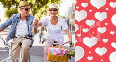 Composite image of happy mature couple going for a bike ride in