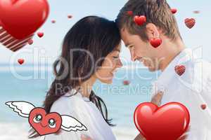 Composite image of romantic couple relaxing and embracing on the