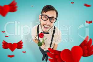 Composite image of geeky lovesick hipster holding rose