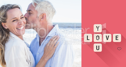 Composite image of man kissing his smiling partner on the cheek