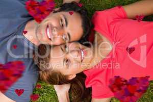 Composite image of two friends looking at each other while lying