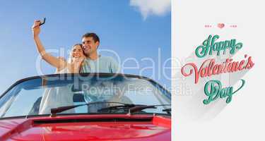 Composite image of cheerful couple standing in red cabriolet tak