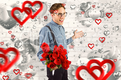 Composite image of geeky hipster holding a bunch of roses