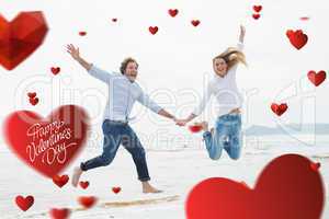 Composite image of cheerful couple holding hands and jumping at