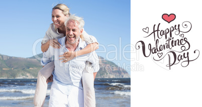 Composite image of man giving his laughing wife a piggy back at Composite image of man giving his laughing wife a piggy back at