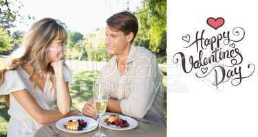 Composite image of cute couple having champagne and desert in th
