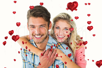 Composite image of attractive couple embracing and smiling at ca