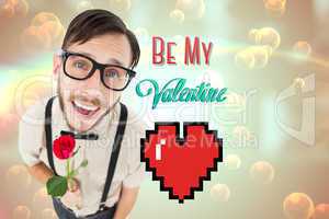 Composite image of geeky lovesick hipster holding rose