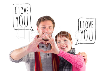 Composite image of couple making a heart shape