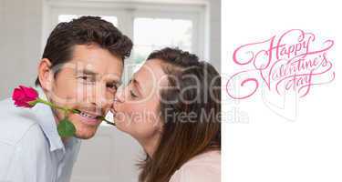 Composite image of side view of a loving woman kissing man