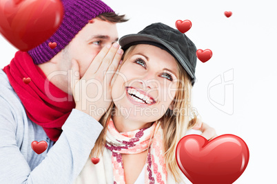 Composite image of handsome man with hat telling a secret to his