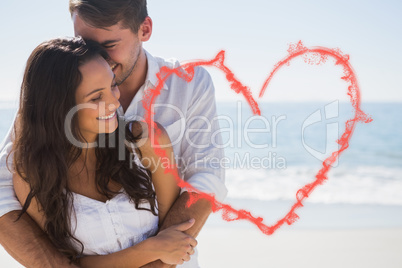 Composite image of attractive couple cuddling