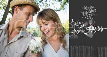 Composite image of smiling man offering his girlfriend a white f