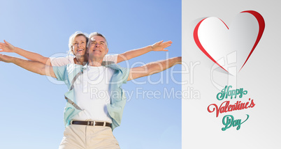 Composite image of happy senior man giving his partner a piggy b