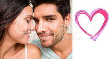 Composite image of attractive couple sitting on bed