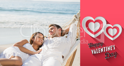 Composite image of peaceful couple relaxing on hammock