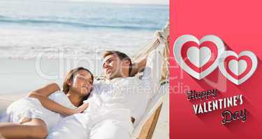 Composite image of peaceful couple relaxing on hammock