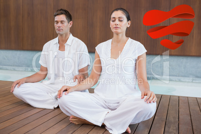 Composite image of attractive couple in white sitting in lotus p