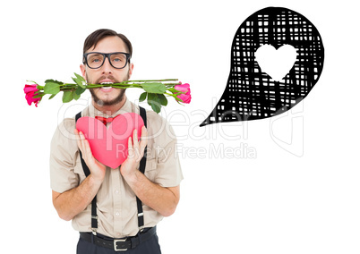 Composite image of geeky hipster offering valentines gifts