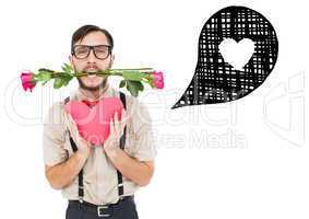 Composite image of geeky hipster offering valentines gifts