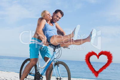 Composite image of happy man giving girlfriend a lift on his cro