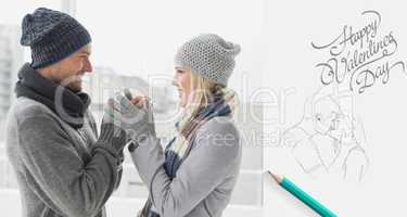 Composite image of cute couple in warm clothing smiling at each